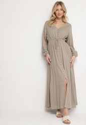 Beżowa Rozkloszowana Sukienka z Lnem i Wiskozą Zdobiona Guzikami Maitiella. Brązowe sukienki damskie Born2be, z aplikacjami, z wiskozy, eleganckie, bez ramiączek. W wyprzedaży za 144.49 zł.