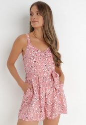 Różowy Kombinezon Bimky. Czerwone sukienki damskie Born2be, z aplikacjami, z materiału, bez ramiączek. Za 119.99 zł.