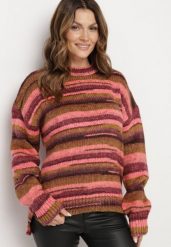 Różowo-Brązowy Sweter w Poziome Paski Rortia. Czerwone swetry klasyczne damskie Born2be, na zimę, m, bez kołnierzyka. Za 119.99 zł.
