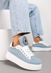Niebieskie Sneakersy na Platformie z Cyrkoniami na Szerokim Języku Esirel. Niebieskie obuwie sportowe damskie Renee, z materiału, bez zapięcia. Za 119.99 zł.