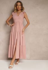 Różowa Sukienka z Wiskozy Ozdobiona Falbankami Sadovene. Czerwone sukienki damskie Renee, bez wzorów, z wiskozy, eleganckie, bez ramiączek. W wyprzedaży za 47.99 zł.