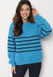 Niebieska Dzianinowa Bluza z Polarem Ozdobiona Poziomymi Paskami Labril. Niebieskie bluzy damskie Born2be, l, bez wzorów, z dzianiny, bez kaptura. Za 89.99 zł.