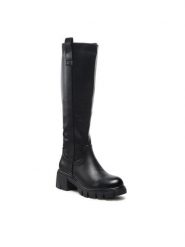 DeeZee Kozaki H1003-01 Czarny. Czarne kozaki damskie DeeZee, ze skóry, bez obcasa, na słupku, bez zapięcia. Za 219.99 zł.