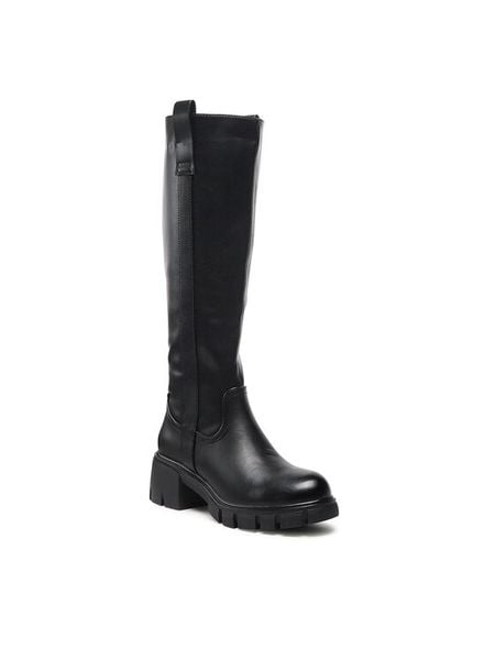 DeeZee Kozaki H1003-01 Czarny. Czarne kozaki damskie DeeZee, ze skóry, bez obcasa, na słupku, bez zapięcia. Za 219.99 zł.