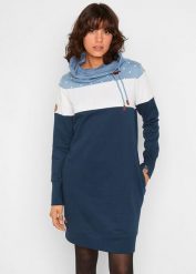 Sukienka dresowa z dużym kołnierzem. Niebieskie sukienki damskie bonprix, bez wzorów, z dresówki, bez ramiączek. Za 139.99 zł.