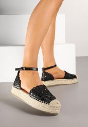 Czarne Espadryle na Grubej Podeszwie z Ażurową Cholewką Eleasel. Czarne espadryle damskie Born2be, w ażurowe wzory, z jeansu, bez obcasa. Za 79.99 zł.