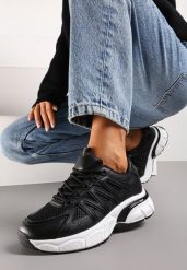 Czarne Sznurowane Sneakersy z Ekoskóry z Siateczką i Odblaskami Aeriesa. Czarne obuwie sportowe damskie Renee, bez zapięcia. Za 74.99 zł.