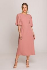 Elegancka sukienka koktajlowa z bufiastymi rękawami różana. Czerwone sukienki damskie Stylove, bez wzorów, z elastanu, eleganckie, bez ramiączek. Za 509.00 zł.