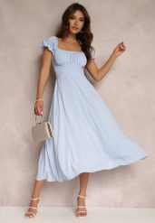 Niebieska Sukienka o Rozkloszowanym Kroju z Wiązaniem Perolis. Niebieskie sukienki damskie Renee, bez wzorów, eleganckie, bez ramiączek. W wyprzedaży za 111.99 zł.