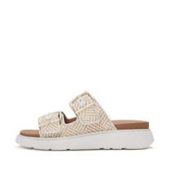 Klapki na koturnie z klamrą damskie FitFlop Gen-FF. Białe klapki damskie FIT FLOP, bez wzorów, z materiału, bez obcasa, na koturnie, bez zapięcia. Za 678.50 zł.