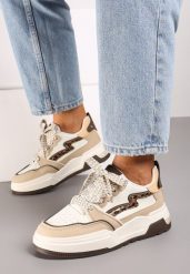 Beżowo-Brązowe Sneakersy na Grubej Podeszwie z Ozdobnymi Wstawkami w Panterkę Beriona. Brązowe obuwie sportowe damskie Born2be, z materiału, bez zapięcia. Za 89.99 zł.
