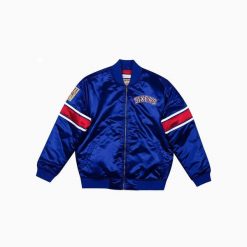 Gruba satynowa kurtka Philadelphia 76ers. Niebieskie kurtki damskie Mitchell & Ness, l, bez wzorów, z satyny, bez kaptura. Za 448.00 zł.