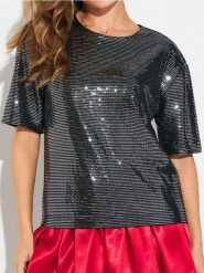 Koszulka z połyskującymi aplikacjami - srebrny. Szare koszulki damskie Sinsay, l, z aplikacjami, bez kołnierzyka, bez ramiączek. Za 39.99 zł.