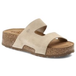 Klapki damskie Yokono, cholewka ze skóry naturalnej zamszowej z szerokim paskiem podeszwą korkową z wyściółką skórzaną, beżowe, Wiwi-260 Ser Crudo. Brązowe klapki damskie Yokono, bez wzorów, ze skóry, bez obcasa, bez zapięcia. Za 209.00 zł.