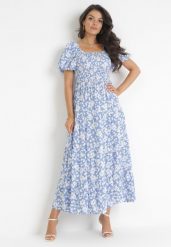 Niebieska Rozkloszowana Sukienka Maxi w Kwiaty Casceia. Niebieskie sukienki damskie Born2be, bez wzorów, bez ramiączek. Za 109.99 zł.