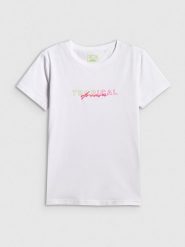 4F T-shirt slim z nadrukiem damski - biały L. Białe t-shirty damskie 4F, l, bez wzorów, z bawełny, bez kołnierzyka. Za 59.99 zł.