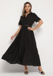 Czarna Wiskozowa Sukienka z Lnem o Rozkloszowanym Kroju z Paskiem z Klamerką Linalin. Czarne sukienki damskie Born2be, bez wzorów, z wiskozy, eleganckie, bez ramiączek. W wyprzedaży za 118.99 zł.