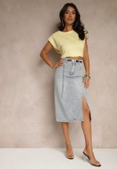 Jasnoniebieska Jeansowa Spódnica z Bawełny z Łańcuchem Lilurea. Niebieskie spódnice damskie Renee, na co dzień, l, bez wzorów, z bawełny, eleganckie, midi. Za 59.99 zł.