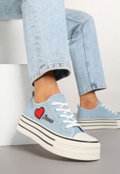 Niebieskie Trampki na Grubej Podeszwie z Aplikacją i Napisem Eheria. Niebieskie trampki damskie Renee, z aplikacjami, z jeansu, bez zapięcia. Za 74.99 zł.