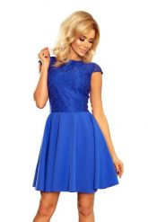 Sukienka Elegancka Rozkloszowana z Koronką - Chabrowa. Niebieskie sukienki damskie NUMOCO, bez wzorów, z koronki, eleganckie, bez ramiączek. Za 260.90 zł.