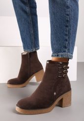Brązowe Botki na Słupku z Trzema Paseczkami z Klamerkami Ivenitha. Brązowe botki damskie Renee, z jeansu, eleganckie, bez obcasa, na obcasie, bez zapięcia. Za 129.99 zł.