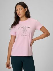 4F T-shirt regular z nadrukiem damski - różowy S. Czerwone t-shirty damskie 4F, s, bez wzorów, z bawełny, bez kołnierzyka. Za 59.99 zł.