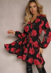 Czarno-Czerwona Sukienka w Kwiatowy Print o Rozkloszowanym Kroju z Wiązaniem w Talii Ameriana. Czerwone sukienki damskie Renee, bez wzorów, eleganckie, bez ramiączek. W wyprzedaży za 99.99 zł.