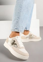 Beżowe Sneakersy z Metalicznym Zdobieniem i Wstawką z Imitacją Skóry Węża Sarilira. Brązowe obuwie sportowe damskie Born2be, z jeansu, bez zapięcia. Za 84.99 zł.