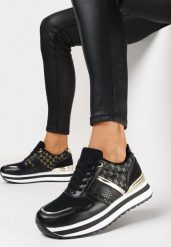 Czarne Sznurowane Sneakersy na Piankowej Podeszwie z Błyszczącymi Wstawkami Telise. Czarne obuwie sportowe damskie Born2be, z materiału, bez zapięcia. Za 54.99 zł.