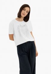 T-shirt z błyszczącym nadrukiem T-SEAR. Białe t-shirty damskie Volcano, m, bez wzorów, z bawełny, bez kołnierzyka. Za 59.99 zł.