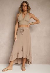 Ciemnobeżowa Spódnica z Przedłużonym Tyłem Zdobiona Falbanami i Guzikami Maleira. Brązowe spódnice damskie Renee, na co dzień, l, z aplikacjami, boho, midi. Za 44.99 zł.