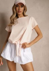 Jasnoróżowy Bawełniany T-shirt Wiązany u Dołu Sunalina. Czerwone t-shirty damskie Renee, l, bez wzorów, z bawełny, bez kołnierzyka. Za 29.99 zł.