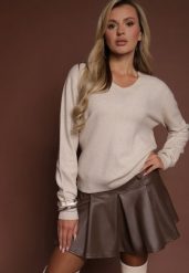 Beżowy Sweter z Wełną i Wiskozą z Trójkątnym Dekoltem Kaitte. Brązowe swetry klasyczne damskie Renee, z jeansu, bez kołnierzyka. Za 99.99 zł.