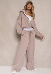 Jasnobrązowy Komplet Dresowy z Wiskozą Bluza i Spodnie o Szerokim Kroju Melriva. Brązowe bluzy damskie Renee, bez wzorów, z dresówki, z kapturem. Za 169.99 zł.