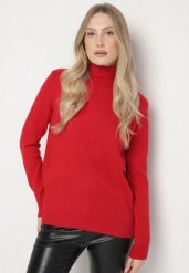 Czerwony Casualowy Golf z Wełną o Prostym Kroju Reiselia. Czerwone golfy damskie Born2be, uniwersalny, bez wzorów, z bawełny, bez ramiączek. Za 69.99 zł.