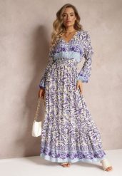 Fioletowo-Beżowa Sukienka Maxi w Kwiaty z Wiskozy Vellu. Fioletowe sukienki damskie Renee, z aplikacjami, z wiskozy, boho, bez ramiączek. W wyprzedaży za 75.99 zł.