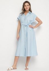 Niebieska Wiskozowa Sukienka Koszulowa z Paskiem Rinaruna. Niebieskie sukienki damskie Born2be, bez wzorów, z wiskozy, eleganckie, bez ramiączek. W wyprzedaży za 84.99 zł.