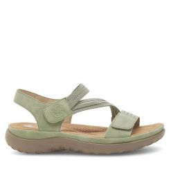 Sandały Rieker. Zielone sandały damskie Rieker, bez wzorów, bez obcasa, na płaskiej podeszwie, bez zapięcia. Za 319.99 zł.
