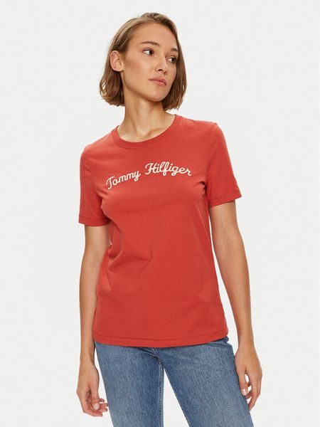 Tommy Hilfiger T-Shirt Script WW0WW42589 Czerwony Regular Fit. Czerwone t-shirty damskie Tommy Hilfiger, s, bez wzorów, z bawełny, bez kołnierzyka. Za 129.99 zł.