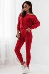 Welurowy Komplet Bluza i Spodnie - Czerwony. Czerwone bluzy damskie Ivon, l, bez wzorów, z materiału, bez kaptura. Za 279.90 zł.