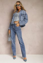 Granatowe Jeansy High Waist z Prostymi Nogawkami Azelie. Niebieskie jeansy damskie Renee, z podwyższonym stanem. Za 59.99 zł.