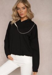 Czarna Asymetryczna Bluza z Bawełny z Kapturem i Ozdobnym Suwakiem Lueur. Czarne bluzy damskie Renee, bez wzorów, z bawełny, z kapturem. Za 24.99 zł.
