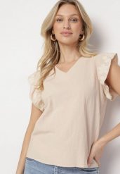 Beżowa Bluzka Bawełniana z Haftowaną Falbanką Przy Ramionach Lorabis. Brązowe bluzki damskie Born2be, m, z aplikacjami, z bawełny, eleganckie, bez kołnierzyka, bez ramiączek. Za 54.99 zł.