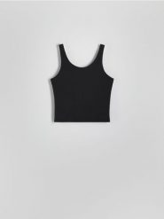 Koszulka na ramiączkach z modalem - czarny. Czarne koszulki damskie Reserved, l, bez wzorów, z dzianiny, bez kołnierzyka, bez ramiączek. W wyprzedaży za 25.99 zł.