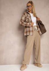 Beżowe Prążkowane Spodnie Szerokie High Waist z Troczkiem w Pasie Saivine. Brązowe spodnie materiałowe damskie Renee, bez wzorów, z bawełny, długie. Za 44.99 zł.