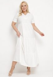 Biała Rozkloszowana Sukienka z Krótkim Rękawem i Ozdobnymi Haftami Guletta. Białe sukienki damskie Born2be, bez wzorów, bez ramiączek. Za 119.99 zł.