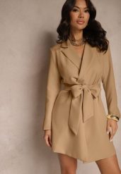 Ciemnobeżowa Marynarka Sukienkowa z Usztywnioną Linią Ramion Wiązana w Talii Equintina. Brązowe marynarki i żakiety damskie Renee, l, bez wzorów, biznesowe. Za 119.99 zł.