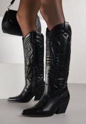 Czarne Kozaki Kowbojki na Stożku z Przeszywanym Wzorem na Cholewce Feressa. Czarne kozaki damskie Born2be, z jeansu, bez obcasa, na obcasie, bez zapięcia. Za 149.99 zł.
