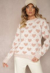 Różowo-Beżowy Prosty Sweter z Wełną w Serduszkowy Wzór Zinovee. Czerwone swetry klasyczne damskie Renee, na zimę, l, z wełny, bez kołnierzyka. Za 59.99 zł.