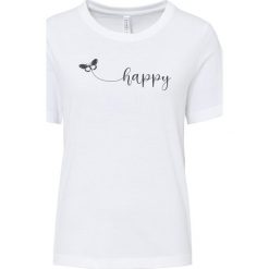 T-shirt z czystej bawełny z nadrukiem. Niebieskie t-shirty damskie bonprix, bez wzorów, z bawełny, bez kołnierzyka. Za 39.99 zł.